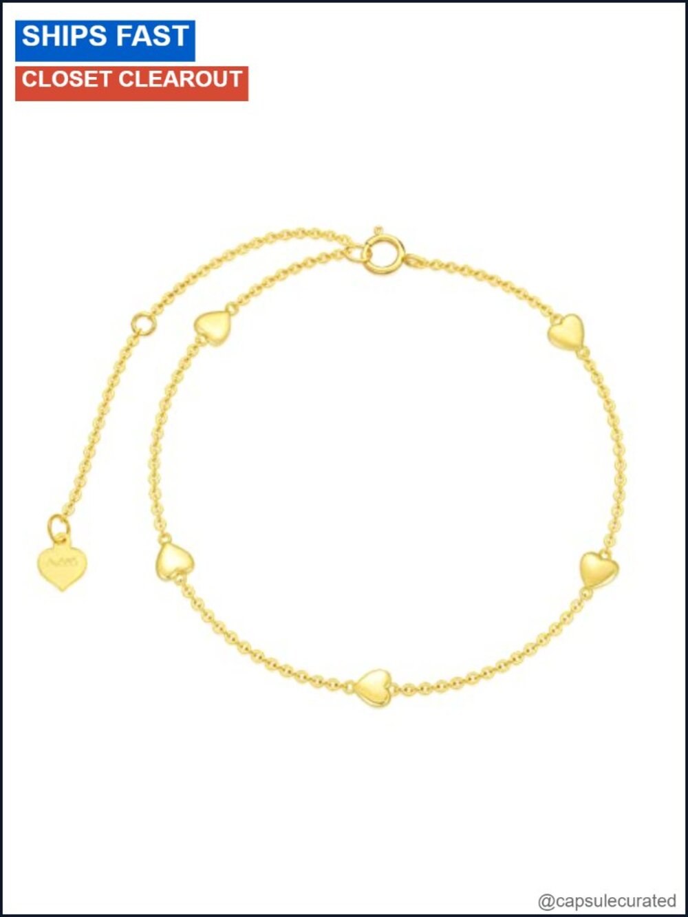 14K Yellow Gold Heart Bracelet Adjustable Dainty Love Charm